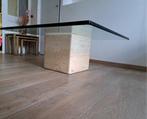 Mooie salontafel travertin voet met 19mm glazen blad, Ophalen of Verzenden