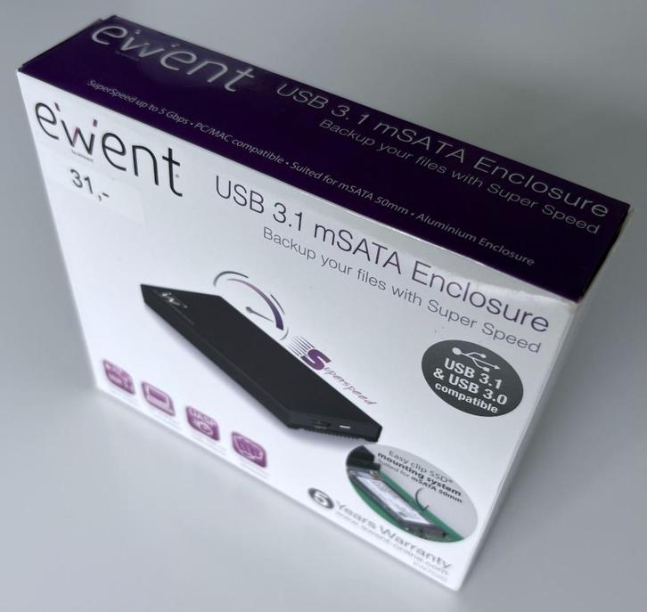EWENT USB 3.1 mSATA Enclosure NEW, Computers en Software, Harde schijven, Nieuw, Laptop, Extern, SSD, USB, Ophalen of Verzenden