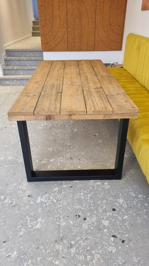 Industriële tafel hout metaal zwart 6 pers 210cm, Huis en Inrichting, Tafels | Eettafels, Gebruikt, 50 tot 100 cm, 200 cm of meer