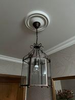 Lantaarnkroonluchter in gepatineerd metaal en glas, Huis en Inrichting, Lampen | Kroonluchters, Ophalen, Zo goed als nieuw, Glas