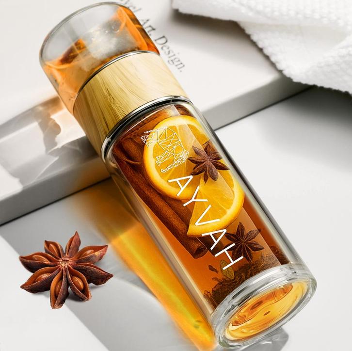 AYVAH glazen theefles met bamboe deksel & filter –150ml/280m, Huis en Inrichting, Keuken | Servies, Nieuw, Glas, Ophalen of Verzenden