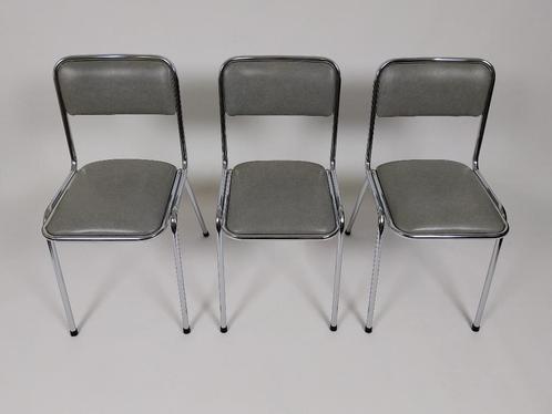 Set van 3 Tavo Stoelen, Jaren 70, Huis en Inrichting, Stoelen, Gebruikt, Drie, Leer, Metaal, Grijs, Ophalen