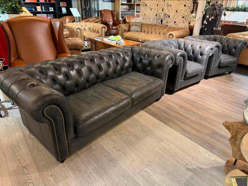 Vintage Chesterfield Salon 3-1-1 Zits Antraciet Zwart leer, Antiek en Kunst, Antiek | Meubels | Stoelen en Sofa's, Ophalen of Verzenden