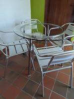 Tafel met glazen blad + 4 stoelen in aluminium, Huis en Inrichting, Tafels | Eettafels, Ophalen, Gebruikt, Vier personen, Rond