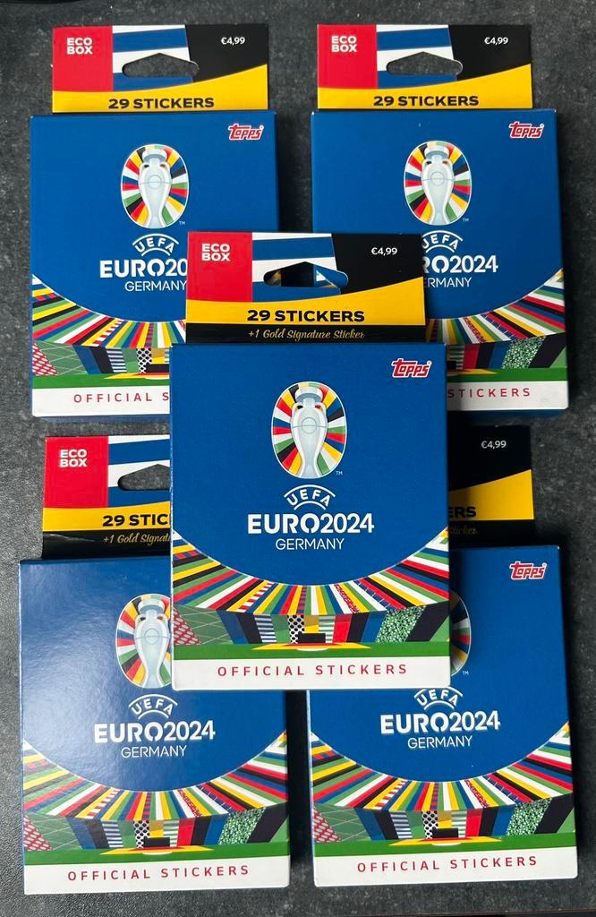 Topps Euro 2024 Germany 5 ecopacks met 2 gouden sp s, Hobby en Vrije tijd, Stickers en Plaatjes, Nieuw, Meerdere stickers, Ophalen of Verzenden