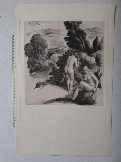 Erotische ets Twee naakte badende vrouwen in rivier bij brug, Antiek en Kunst, Kunst | Etsen en Gravures, Ophalen of Verzenden