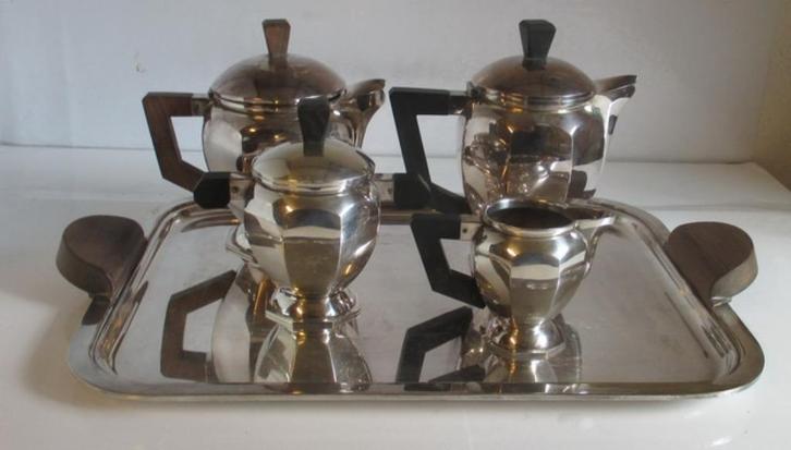 art deco koffie en chocolade servies verzilverd & kubistisch, Antiek en Kunst, Antiek | Servies compleet, Verzenden