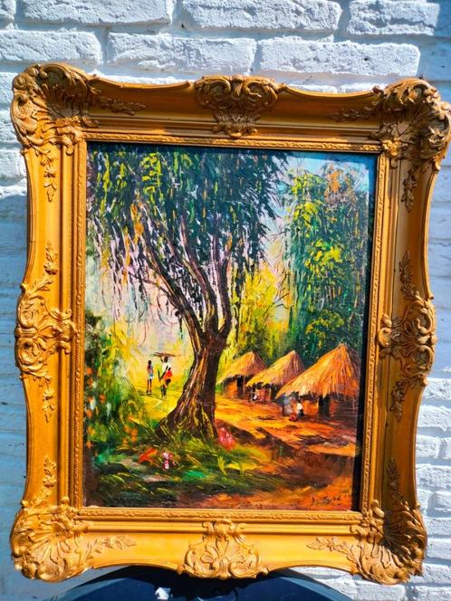 Afrikaanse dorpstafereel., Antiek en Kunst, Kunst | Schilderijen | Klassiek, Ophalen of Verzenden
