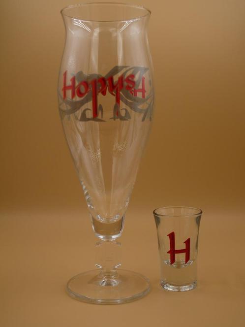 Set Hopus glas + shotje (gistglaasje), Collections, Verres & Petits Verres, Comme neuf, Verre à bière, Enlèvement ou Envoi