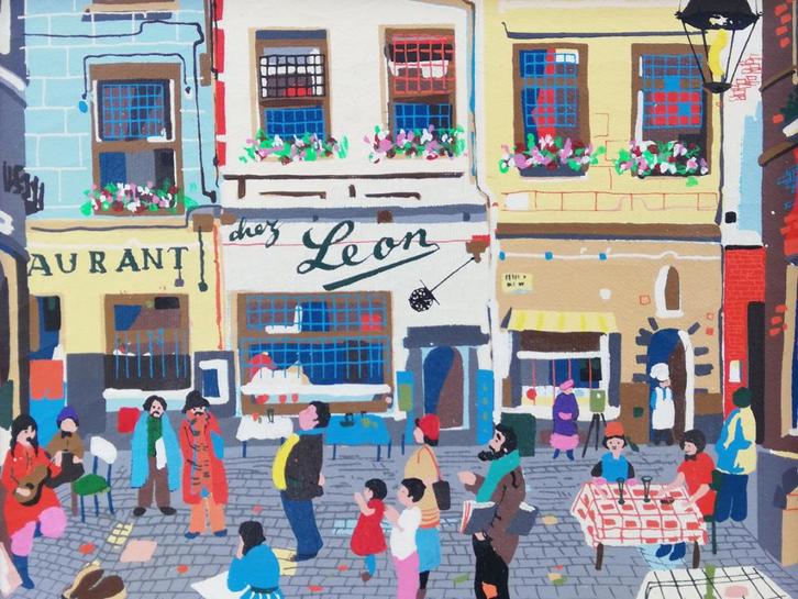 Leuk vintage schilderijtje - Chez Léon in Brussel - c. 1980, Antiek en Kunst, Kunst | Schilderijen | Klassiek, Ophalen