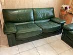 Groene, leren driezit en tweezit. Merk niet gekend., Huis en Inrichting, Ophalen, Gebruikt, Leer, Rechte bank