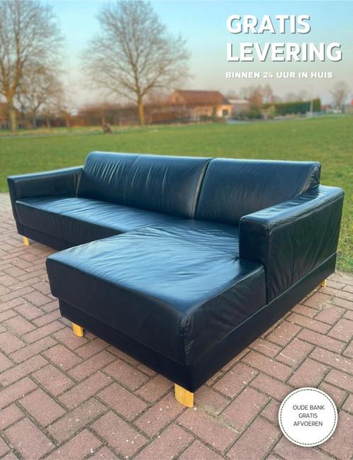 GRATIS LEVERING HEEL BE Montel Zwart Echt Leer Hoekbank, Huis en Inrichting, Zetels | Zetels, Zo goed als nieuw, Hoekbank, Vierpersoons of meer