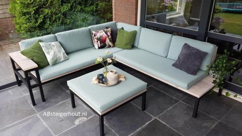 Staal met hout hoekbank op maat, industrieel design., Tuin en Terras, Tuinsets en Loungesets, Nieuw, Hout, Bank, Ophalen of Verzenden