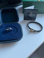 Zilver zegelring met zirkonia stenen + leder goud armband, Handtassen en Accessoires, Armbanden, Ophalen, Zwart, Leer