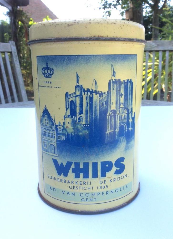 Oud blik Whips suikerbakkerij "De Kroon" Gent, Verzamelen, Blikken, Gebruikt, Koffie, Overige merken, Ophalen of Verzenden