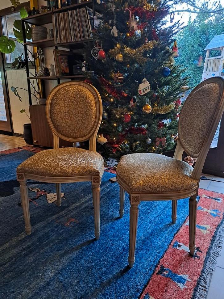 2 stoelen eetkamer goud troon, Huis en Inrichting, Stoelen, Zo goed als nieuw, Twee, Hout, Stof, Overige kleuren, Ophalen