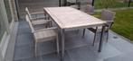 Prachtige,tafel inox-teak L200-260 B100 H75cm,4 stoelen, Ophalen, Zo goed als nieuw, Tuinset, Eettafel