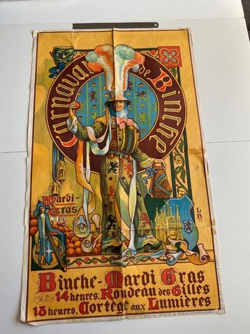 lithographie ancienne affiche Carnaval des Gilles de Binche disponible aux enchères