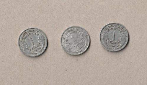 Frankrijk : 3 (gebruikte) munten van 1 fr. : 1945-1946-1949, Postzegels en Munten, Munten | Europa | Niet-Euromunten, Setje, Frankrijk