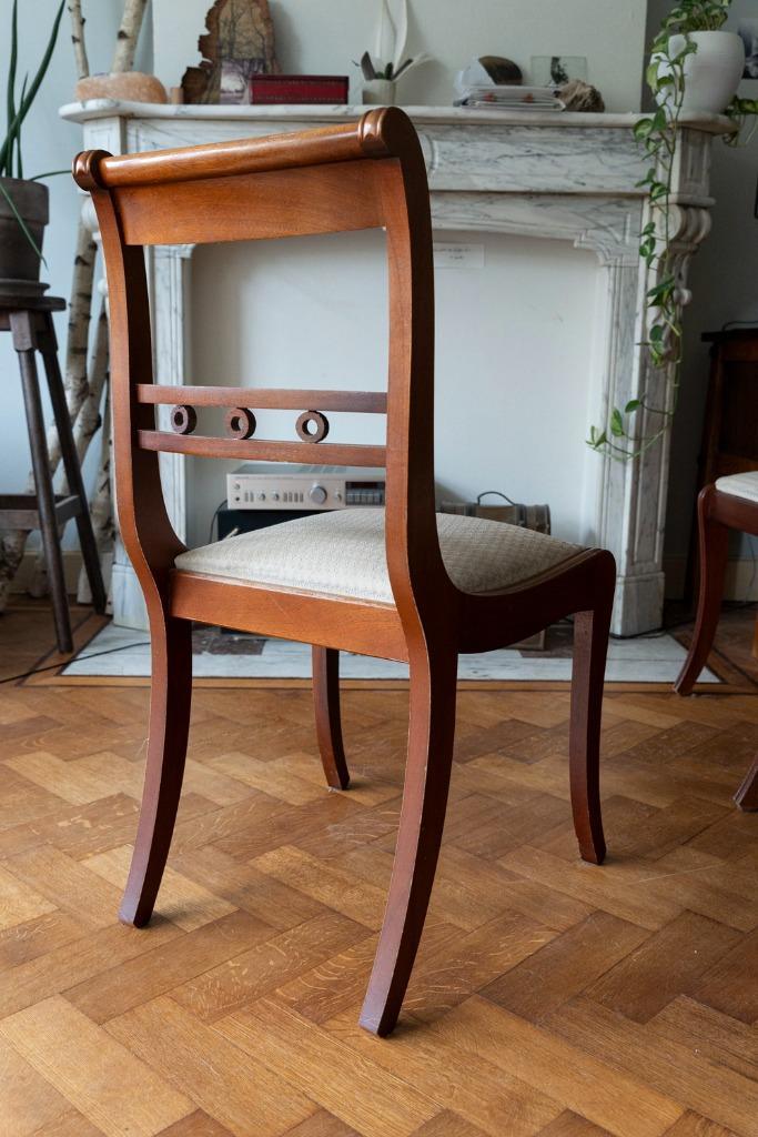 3 notenhouten stoelen + topbekleding, Huis en Inrichting, Stoelen, Zo goed als nieuw, Drie, Hout, Stof, Bruin, Ophalen