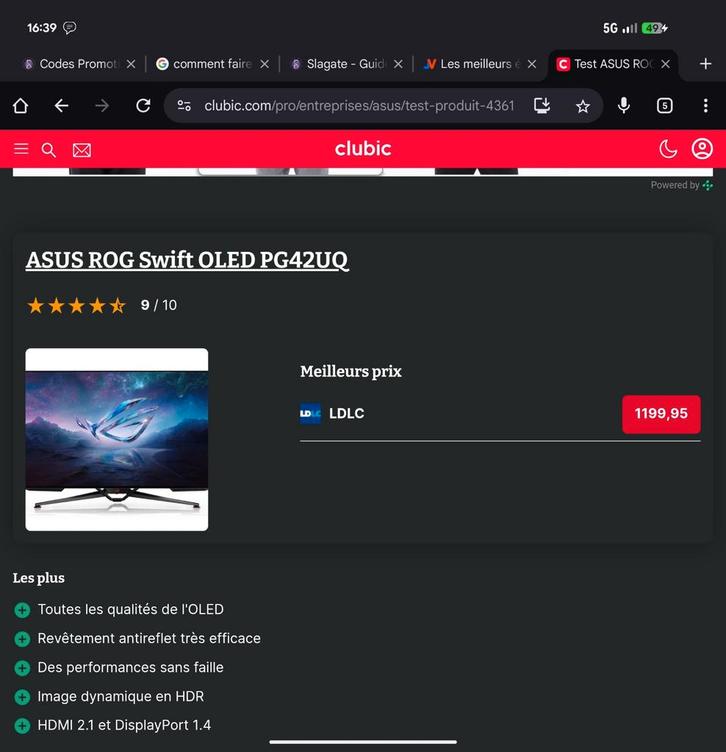 Asus rog Oled 4K 42 Pouces 138HZ, Computers en Software, Monitoren, Ophalen