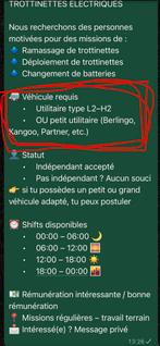 RECHERCHE CHAUFFEURS – TROTTINETTES ÉLECTRIQUES, 33 - 40 heures, Premier Emploi, Freelance ou Intérim, Convient comme travail d'appoint