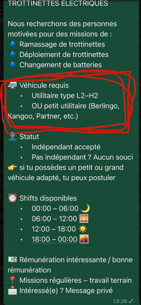RECHERCHE CHAUFFEURS – TROTTINETTES ÉLECTRIQUES, Vacatures, Vacatures | Logistiek, Inkoop en Transport, Starter, Freelance of Uitzendbasis