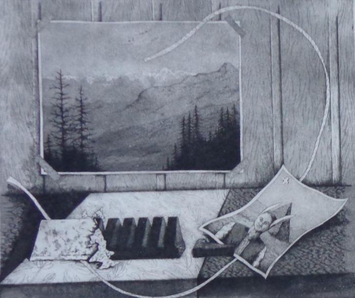 LUC PIRON / ZOET ZWITSERLAND / ZW-W ETS / 61x69cm / SIG, Antiek en Kunst, Kunst | Litho's en Zeefdrukken, Ophalen of Verzenden