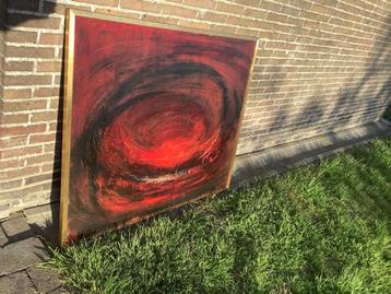 Mooie grote gesigneerde abstracte schilderij "Zicht op dorp" beschikbaar voor biedingen