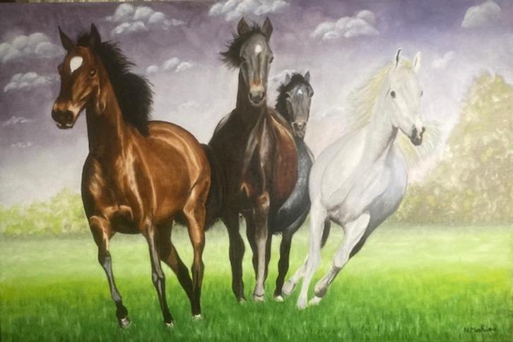 OLIEVERFSCHILDERWERK   VIER RACEPAARDEN IN DE WEI, Antiek en Kunst, Kunst | Schilderijen | Klassiek, Ophalen