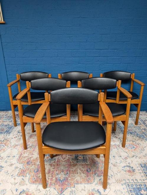 6x Vintage Deens design stoelen, FDB Mobler, Huis en Inrichting, Stoelen, Hout, Leer, Ophalen