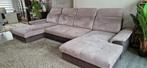 Dubbele hoekzetel in afwasbaar suède, lichtgrijs en taupe., Huis en Inrichting, Fauteuils, Ophalen, Kunststof, 125 cm of meer