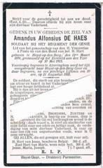 Sold. De Haes Amandus. ° Heyst-op-den-Berg 1894 † Yzer 1915, Collections, Images pieuses & Faire-part, Enlèvement ou Envoi, Image pieuse