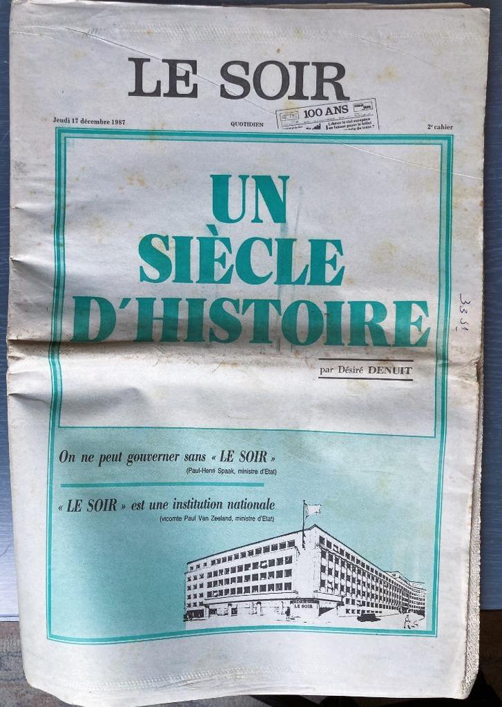Le Soir, numéro historique spécial 100 ans, Verzamelen, Tijdschriften, Kranten en Knipsels, Krant, 1980 tot heden, Ophalen