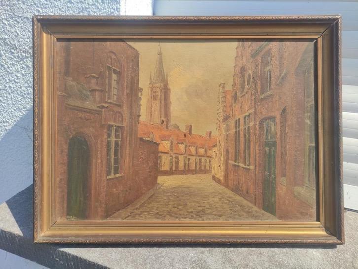 Huile sur panneau ruelle signe Gustave pynaert, Antiek en Kunst, Kunst | Schilderijen | Klassiek, Ophalen of Verzenden