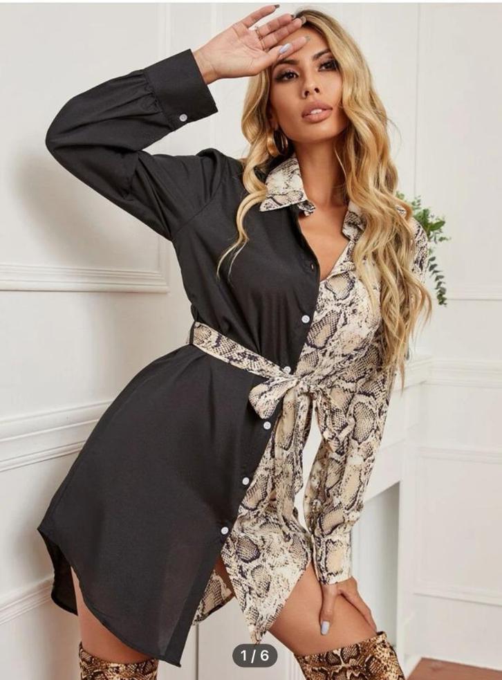 Shein - Overhemd/blouse jurk LM - zwart/slangenhuid - maat L, Kleding | Dames, Jurken, Zo goed als nieuw, Maat 42/44 (L), Zwart