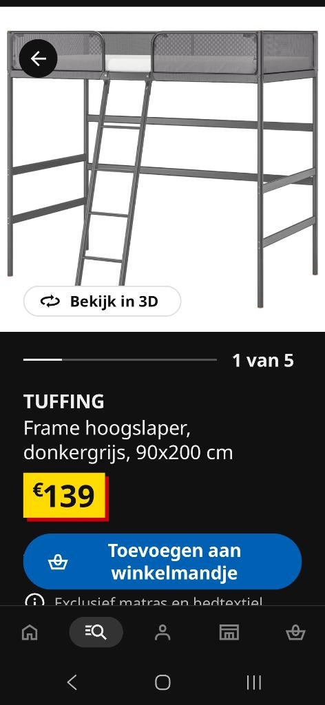 Hoogslaper Ikea, Tuffing, Huis en Inrichting, Ophalen, Eenpersoons, 160 tot 180 cm, Zo goed als nieuw