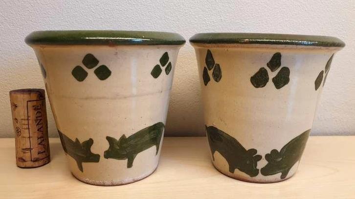 2 bloempotjes, terracotta, geel, print varkens, H 9cm, D 7cm, Tuin en Terras, Bloempotten, Terracotta, Binnen, Ophalen
