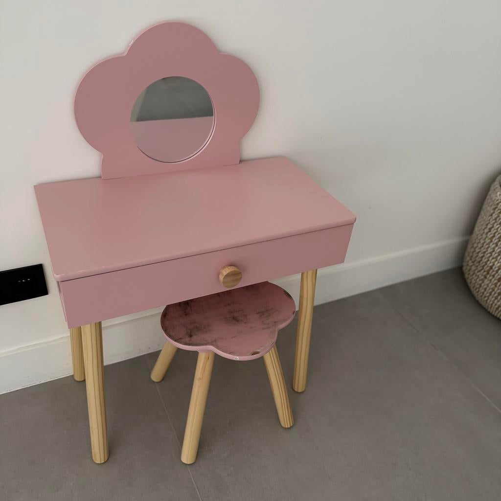 HOUTEN KAPTAFEL MET SPIEGEL EN STOEL, Ophalen, Zo goed als nieuw