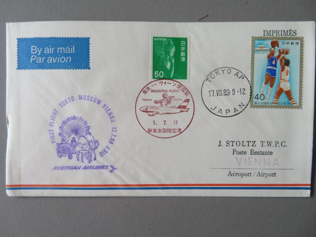 fdc first flight cover Tokyo Moscow Vienna Austrian Airline, Timbres & Monnaies, Timbres | Enveloppes premier jour, Enlèvement ou Envoi