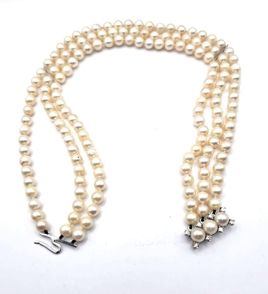 parelsnoer 3 rijig met wit goud slot, Bijoux, Sacs & Beauté, Colliers, Or, Utilisé, Avec pierre précieuse, Blanc