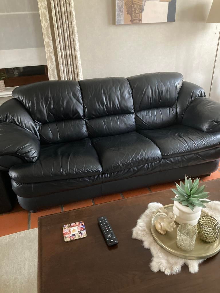 Zwarte lederen zetel. 3zit-2zit en 1zit, Huis en Inrichting, Zetels | Zetels, Ophalen, Zo goed als nieuw