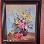 Vintage bloemstilleven olieverfschilderij met rozen en vogel, Ophalen