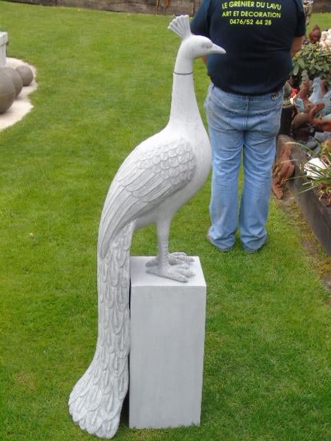 Standbeeld van een pauw op XXL grijze polystone sokkel, Tuin en Terras, Tuinbeelden, Ophalen, Zo goed als nieuw, Steen, Dierenbeeld