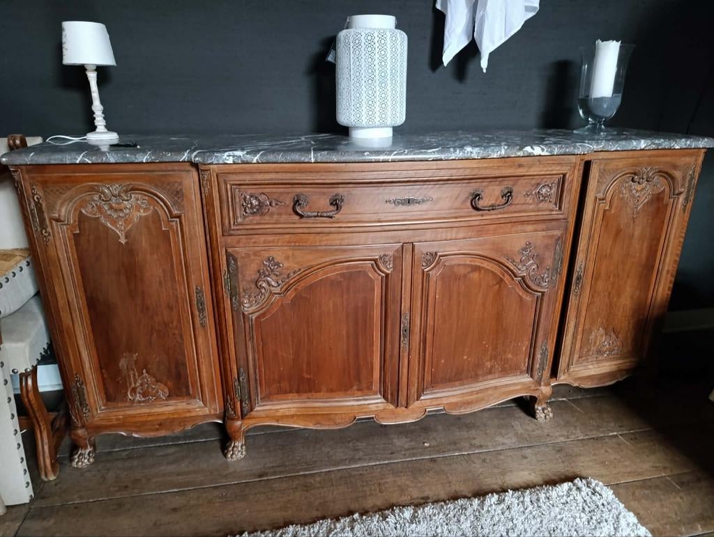 Buffet enfilade style Louis XV - Plateau Marbre Gris, Avec tiroir(s), 200 cm ou plus, Comme neuf, Enlèvement