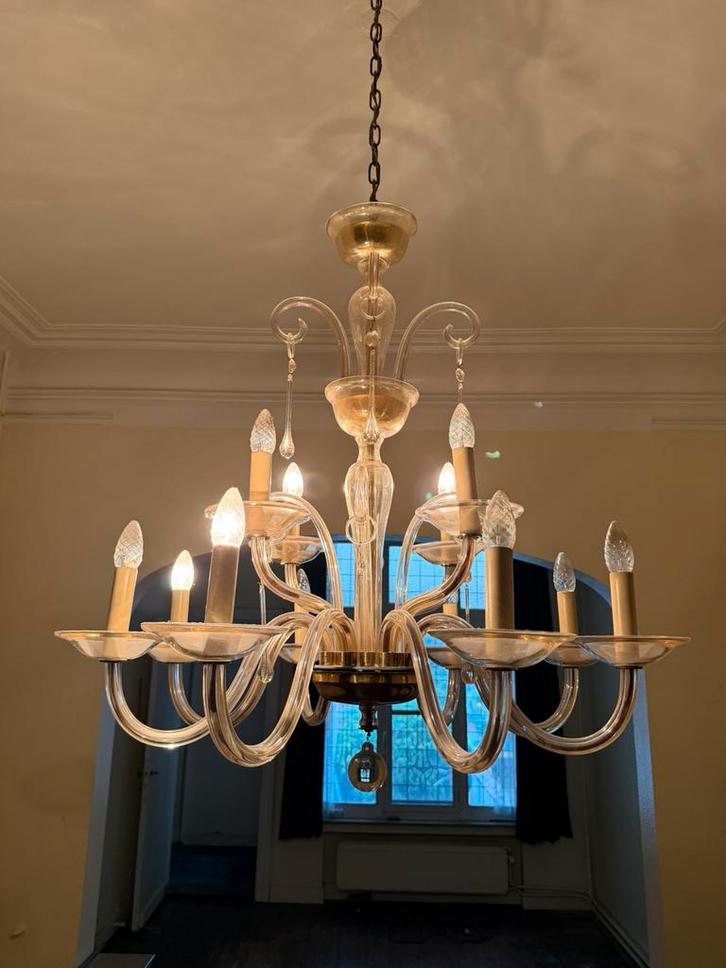 Glazen luster in Murano-stijl – 12 lichtpunten, Huis en Inrichting, Lampen | Kroonluchters, Zo goed als nieuw, Glas, Ophalen
