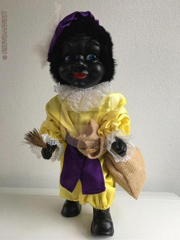 Authentieke vintage etalage zwarte Piet pop 40cm, geel/paars