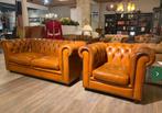 engelse chesterfield 2,5 zits bank + club zetel Cognac leer, Antiek en Kunst, Ophalen of Verzenden