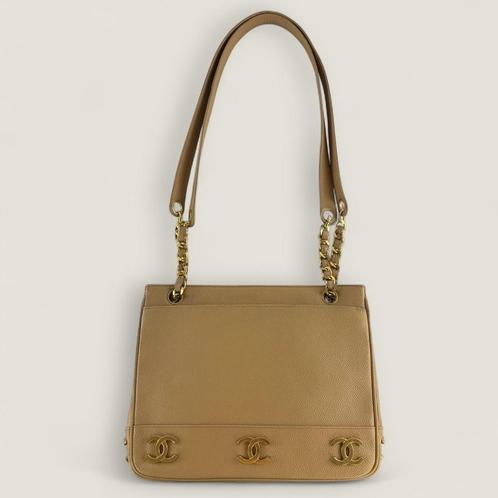 Chanel vintage triple CC tote authentiek, Handtassen en Accessoires, Tassen | Damestassen, Gebruikt, Shopper, Beige, Ophalen of Verzenden