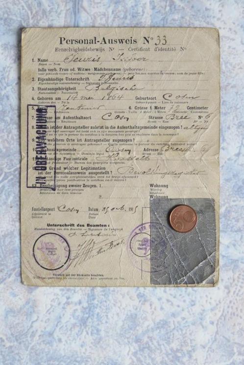 Paspoort 1914 Identiteitskaart Gorsem Nieuwerkerken Truiden, Collections, Objets militaires | Général, Autres, Enlèvement ou Envoi